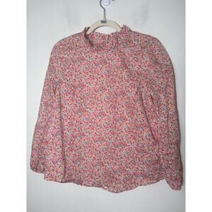 J Crew Long Sleeve Ruffle Neckline Pink/Red Floral Blouse Sz 2